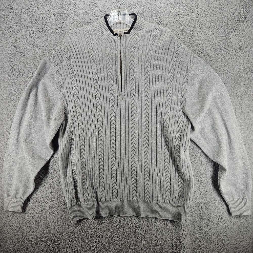 Pronto Uomo Mens XL Gray Cable Knit 1/4 Zip 100% Cotton Mock Neck Sweater